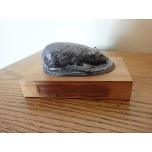 Michael Ricker Pewter Possum Rat Woodland Creature Wooden Block Vintage